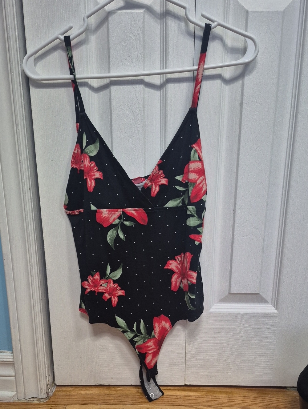 Guess Black Floral Polka Dot Bodysuit with Red and Green Accents